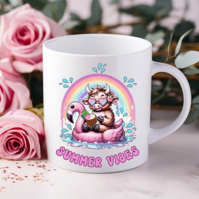 Tailorly White Ceramic 11 oz Mug - Summer Vibes Adorable Cartoon Highland Cow Floating On Pink Flamingo In Sparkling Water Cow
