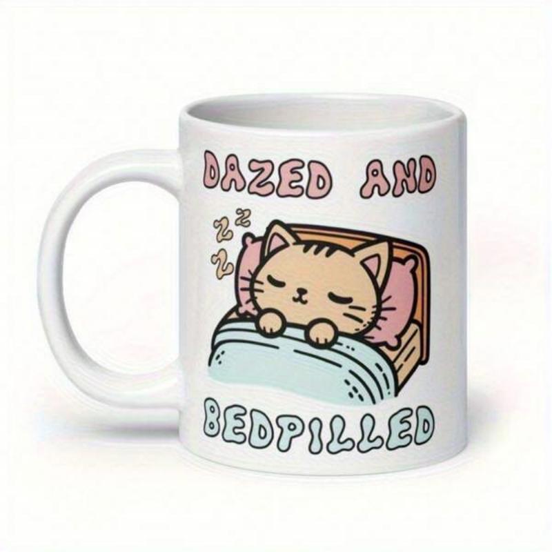Tailorly White Ceramic 11 oz Mug - Dazed And Bedpilled Cute Cartoon Ginger Cat Resting Tucked Under A Soft Blue Blanket Cat