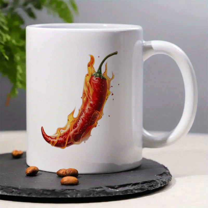 Tailorly White Ceramic 11 oz Mug - Spicy Red Hot Chili Surrounded By Intensely Flickering Orange Glowing Flames Pepper