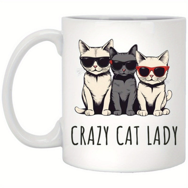 Tailorly White Ceramic 11 oz Mug - Crazy Cat Lady Three Cool Felines Wearing Stylish Sunglasses Sitting Together In A Row Cat