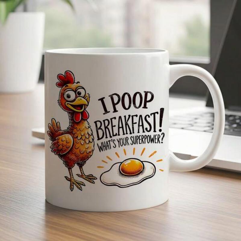 Tailorly White Ceramic 11 oz Mug - I Poop Breakfast What S Your Superpower Funny Cartoon Hen Standing Next To A Sunnyside Fried Egg Chicken