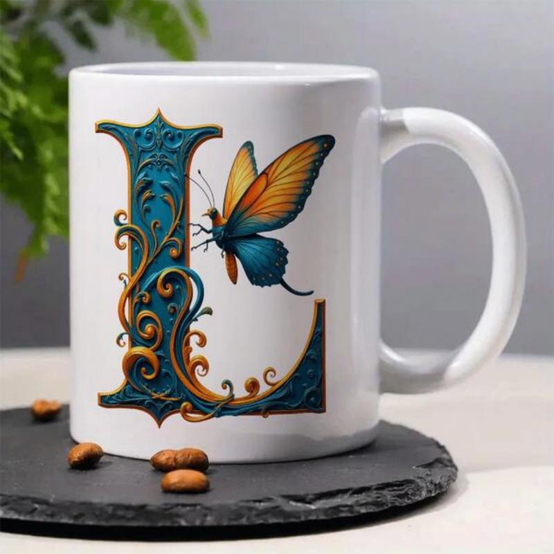 Tailorly White Ceramic 11 oz Mug - L Ornate Golden Filigree Teal Letter L With Vibrant Orange Blue Butterfly