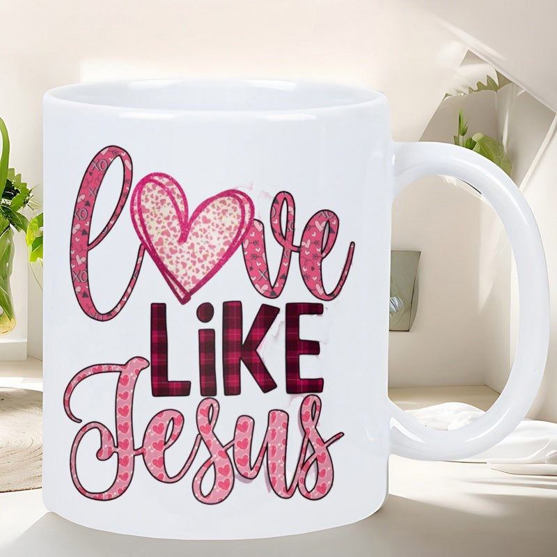 Tailorly White Ceramic 11 oz Mug - Love Like Jesus Decorative Pink Plaid And Glitter Text Featuring Artistic Script Font Heart