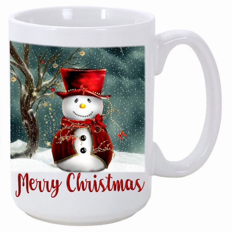 Tailorly White Ceramic 11 oz Mug - Merry Christmas Adorable Red Hat And Scarf Standing In The Snowy Winter Forest Snowman