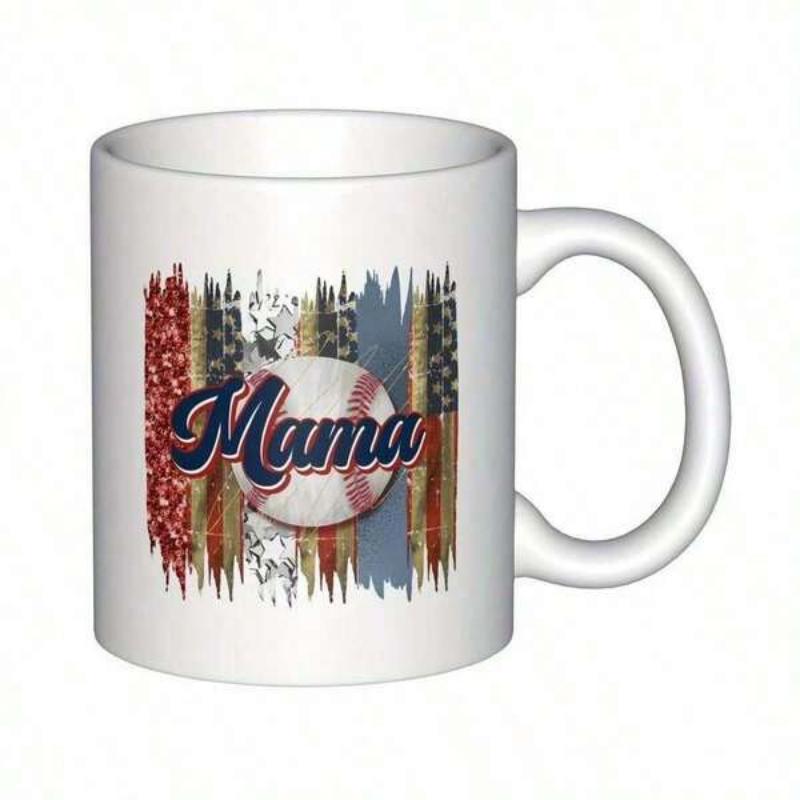 Tailorly White Ceramic 11 oz Mug - Mama Distressed Patriotic American Flag Textures And Vintage Sports Themed Baseball