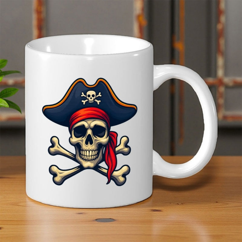 Tailorly White Ceramic 11 oz Mug - Cartoon Style Grinning Pirate Hat With Red Bandana And Crossbones Illustration Skull