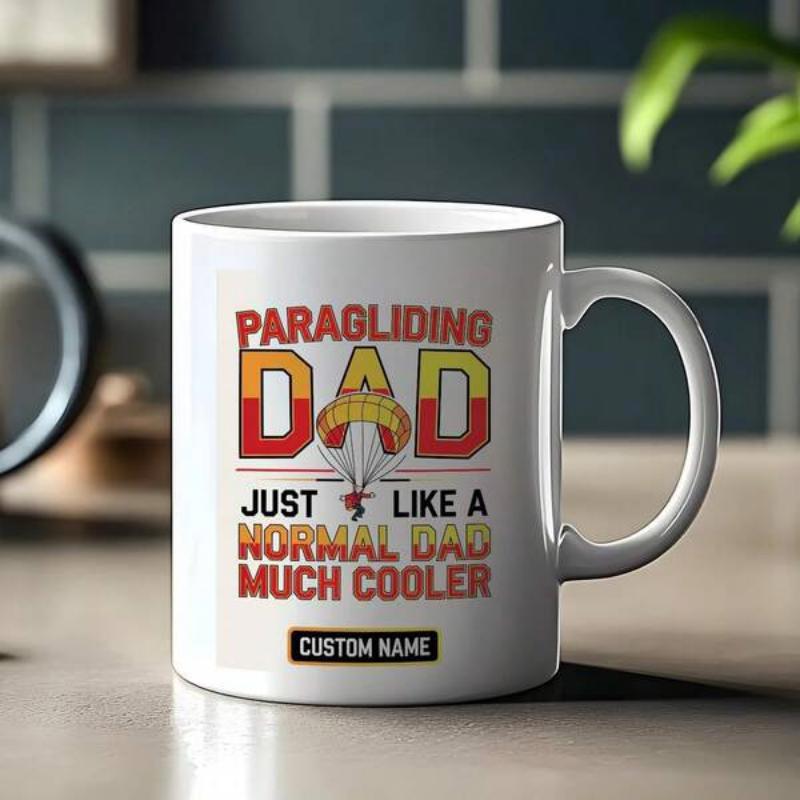 Tailorly White Ceramic 11 oz Mug - Paragliding Dad Just Like A Normal Dad Much Cooler Custom Name Vintage Sunset Colors With A Silhouette Gliding Through The Air