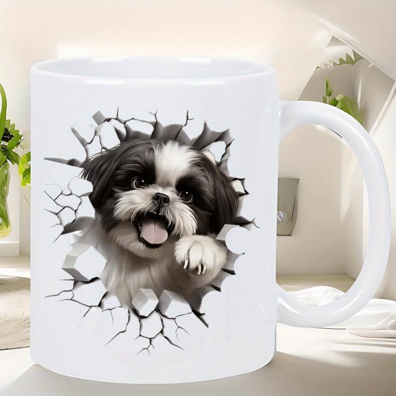 Tailorly White Ceramic 11 oz Mug - Adorable Fluffy Puppy Appearing Through A Realistic Cracked Ceramic Wall Shih Tzu