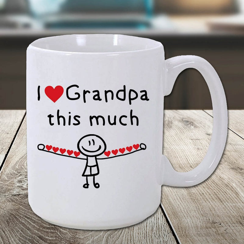 Tailorly White Ceramic 11 oz Mug - I Grandpa This Much Simple Stick Figure Holding Red Hearts With Wide Open Arms Figure
