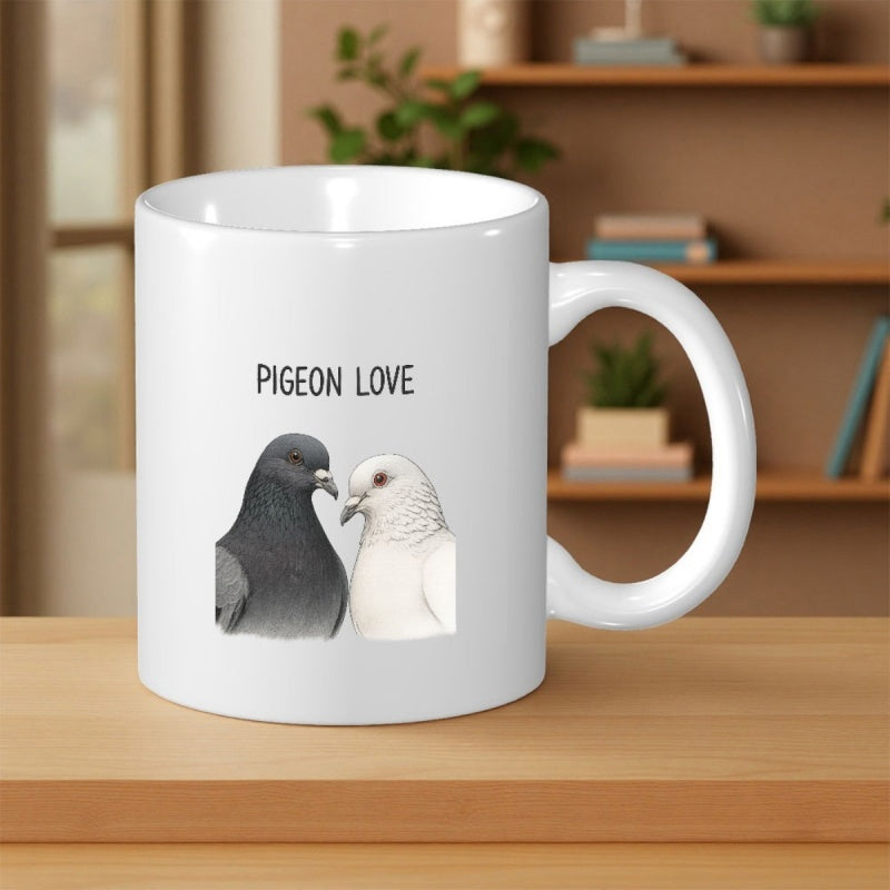Tailorly White Ceramic 11 oz Mug - Pigeon Love Two Graceful Birds Facing Each Other With Realistic Detailed Feathers Pigeon
