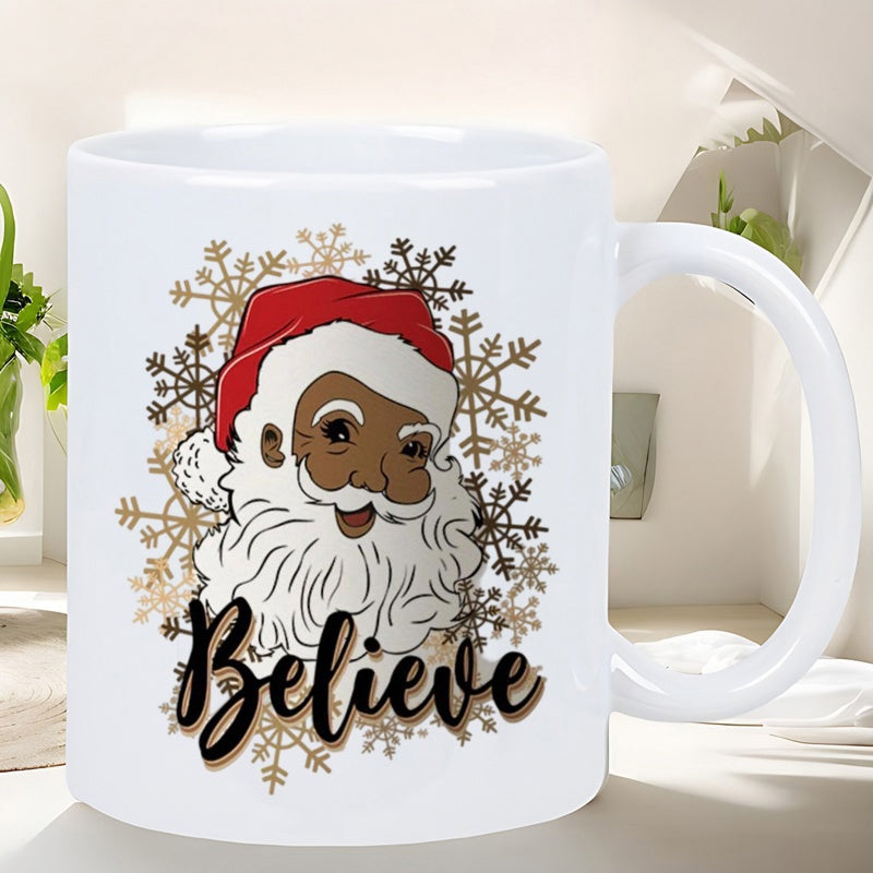 Tailorly White Ceramic 11 oz Mug - Believe Festive Black Santa Claus Surrounded By Sparkling Snowflakes In Winter Night Santa