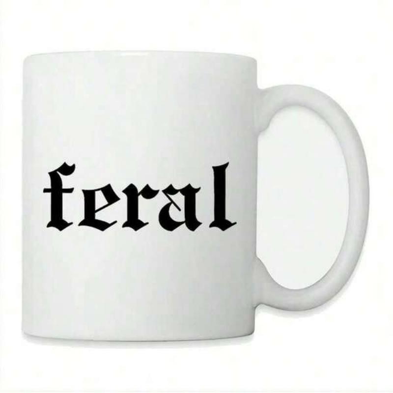 Tailorly White Ceramic 11 oz Mug - Feral Minimalist White Ceramic With Bold Black Gothic Lettering Script Mug