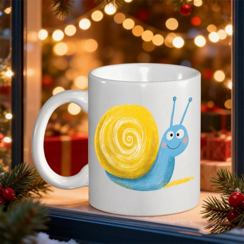 Tailorly White Ceramic 11 oz Mug - Vibrant Hand Painted Blue Creature With Yellow Spiral Shell Snail