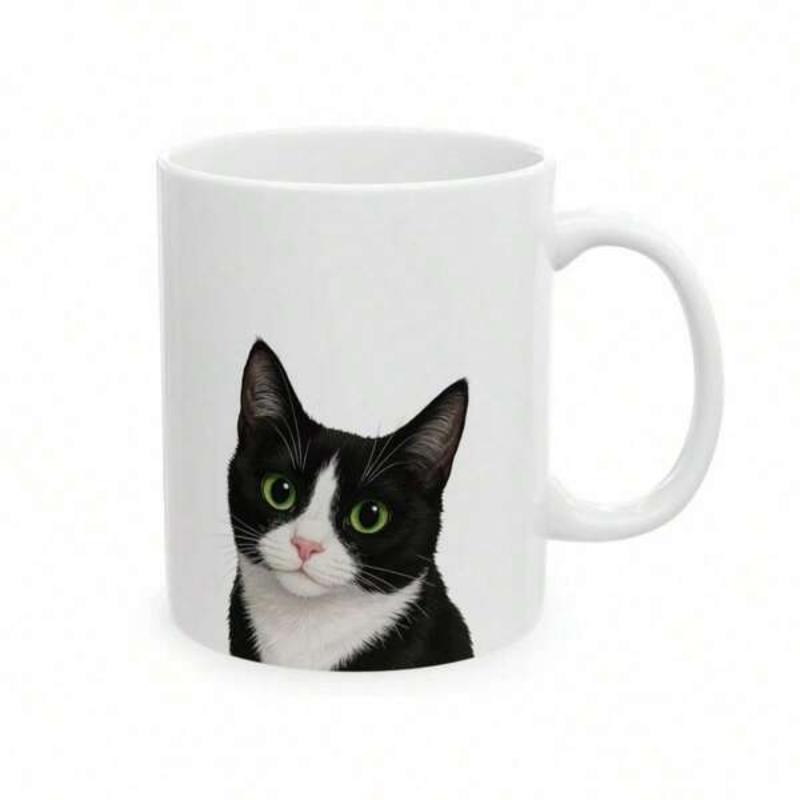 Tailorly White Ceramic 11 oz Mug - Realistic Tuxedo Head With Green Eyes Staring Forward In Calm Expression Cat