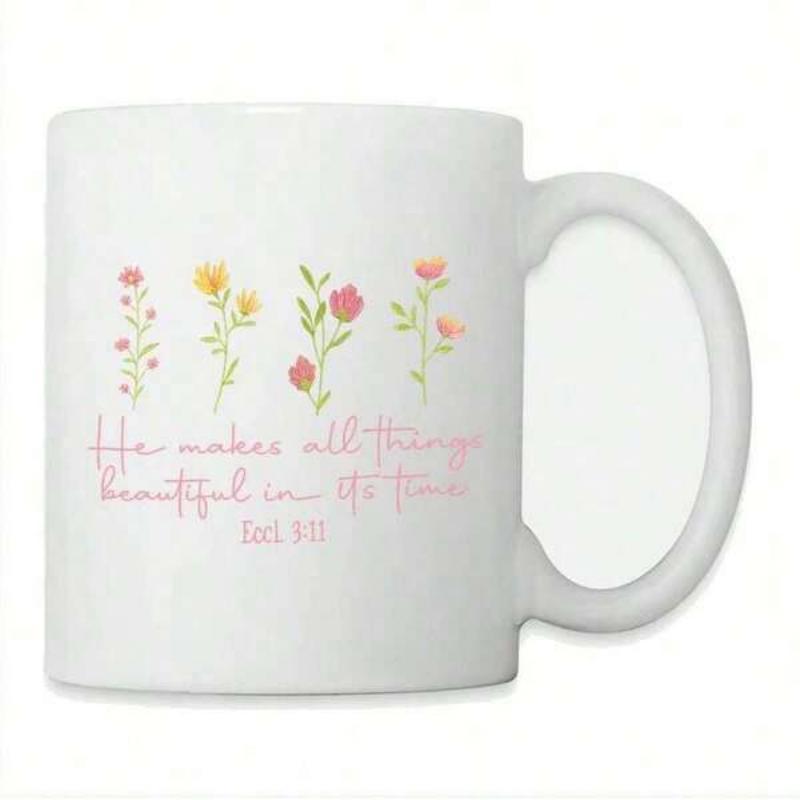 Tailorly White Ceramic 11 oz Mug - He Makes All Things Beautiful In Its Time Eccl 3 11 Delicate Watercolor Wildflowers Blooming Gracefully With Green Leaves And