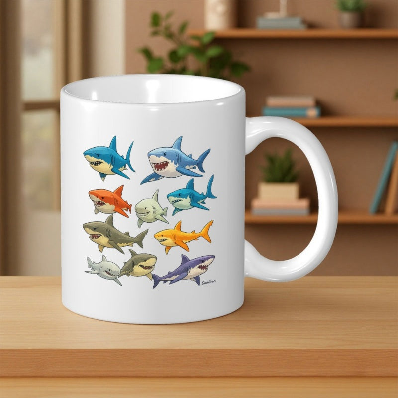 Tailorly White Ceramic 11 oz Mug - Colorful Collection Of Smiling Cartoon Predators Swimming Across A White Surface Shark