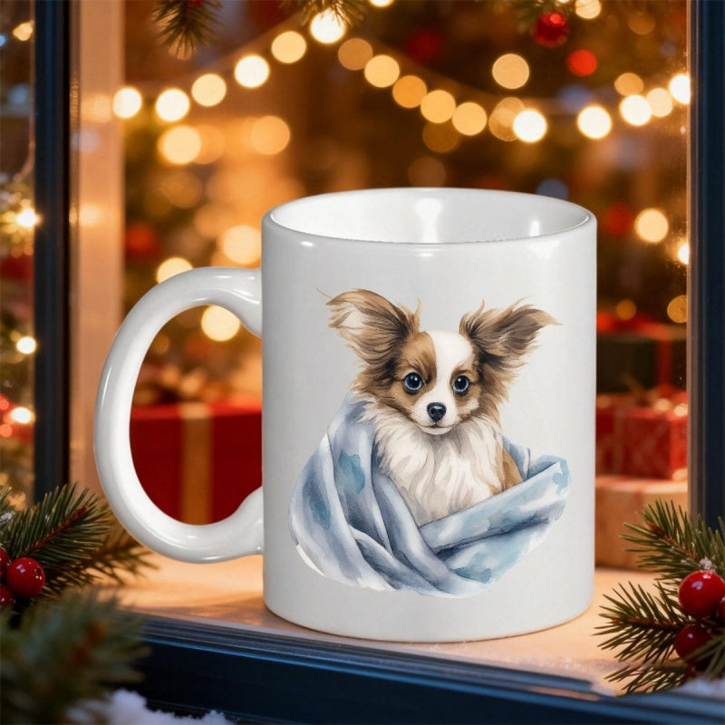 Tailorly White Ceramic 11 oz Mug - Adorable Small Dog Wrapped In Soft Blue Blanket Sitting Peacefully Dog