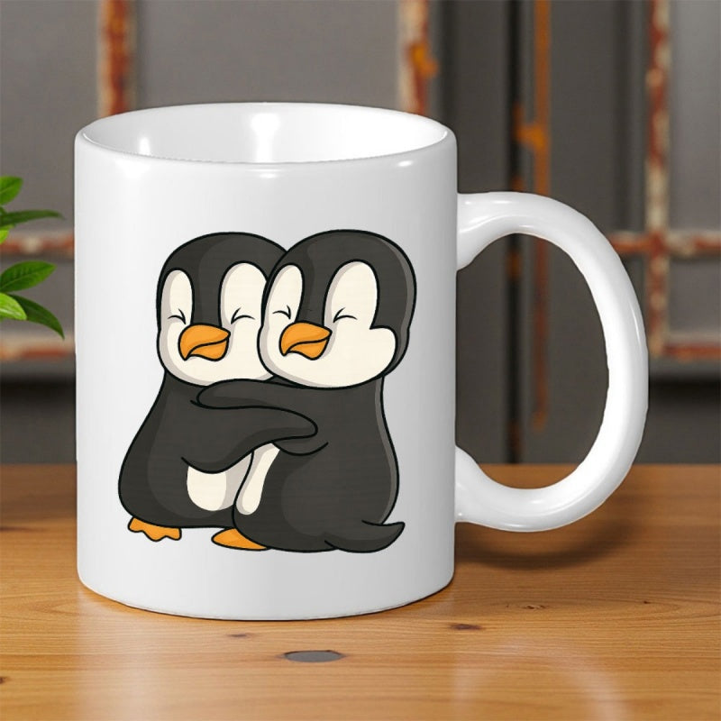 Tailorly White Ceramic 11 oz Mug - Two Adorable Cartoon Penguins Sharing A Warm Hug With Joyful Expressions Penguin
