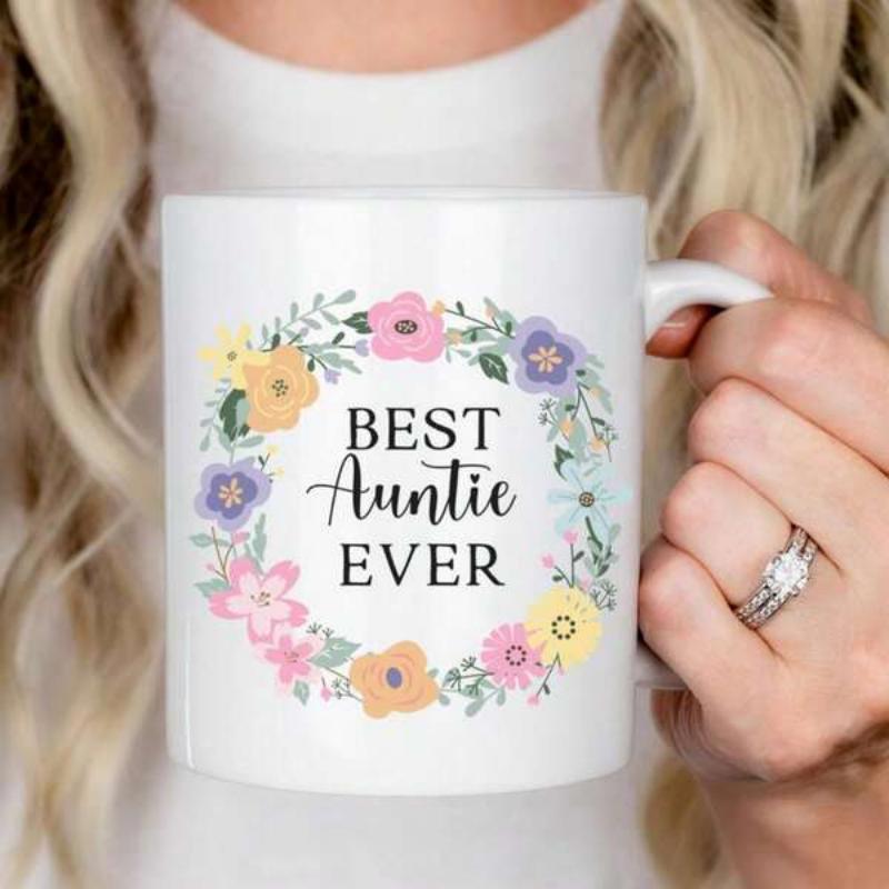 Tailorly White Ceramic 11 oz Mug - Best Auntie Ever Beautiful Colorful Floral Wreath Surrounded By Delicate Spring Blossoms Mug