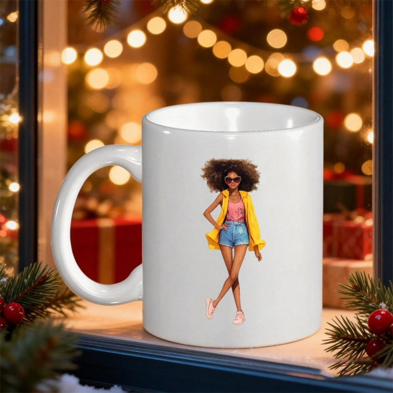 Tailorly White Ceramic 11 oz Mug - Stylish Woman With Afro Hair Wearing Yellow Jacket And Denim Shorts Woman
