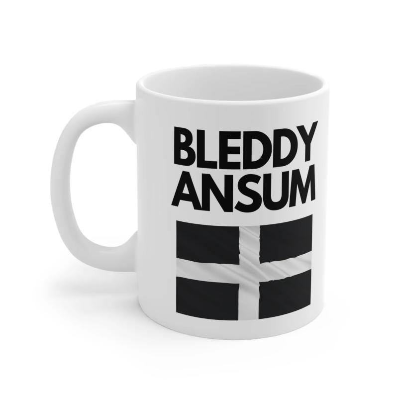 Tailorly White Ceramic 11 oz Mug - Bleddy Ansum Cornish Cross Flag Featuring Bold Black Minimalist Typography Flag