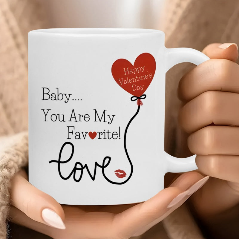 Tailorly White Ceramic 11 oz Mug - Baby You Are My Favorite Love Happy Valentines Day Red Heart Balloon Floating Above Romantic Typography With Delicate String And