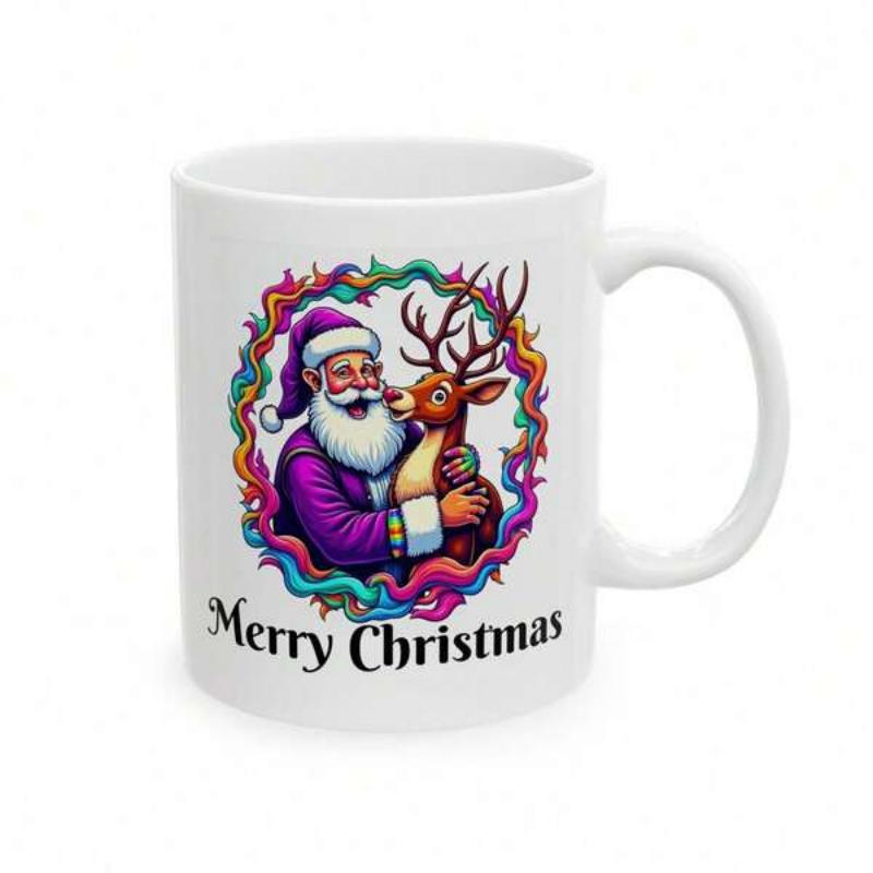 Tailorly White Ceramic 11 oz Mug - Merry Christmas Smiling Santa Claus Hugging A Brown Reindeer Inside Colorful Swirling Wreath Santa