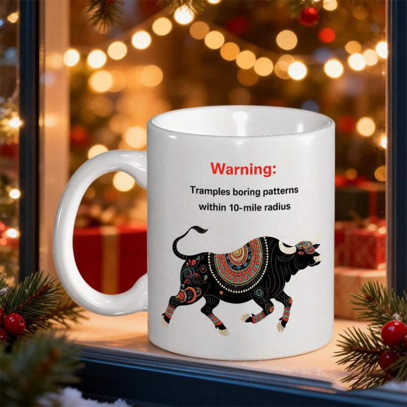 Tailorly White Ceramic 11 oz Mug - Warning Tramples Boring Patterns Within 10 Mile Radius Decorative Black Bull Featuring Ornate Colorful Mandala Design Bull