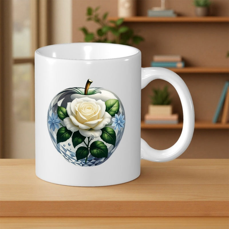 Tailorly White Ceramic 11 oz Mug - Elegant White Rose Blooming Inside A Crystal Glass Transparent Fruit Apple