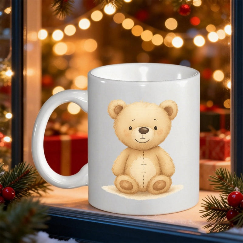 Tailorly White Ceramic 11 oz Mug - Adorable Soft Watercolor Brown Furry Sitting With A Gentle Smile Teddy Bear