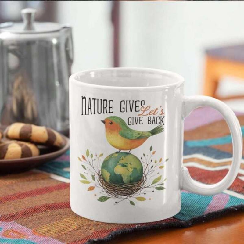 Tailorly White Ceramic 11 oz Mug - Nature Gives Lets Give Back Small Colorful Songbird Resting Quietly Upon A Detailed World Map Globe Bird