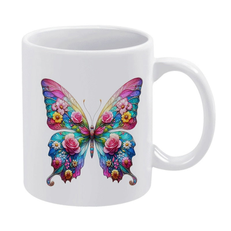 Tailorly White Ceramic 11 oz Mug - Vibrant Floral Wings With Colorful Roses And Blooming Petals Elegant Butterfly