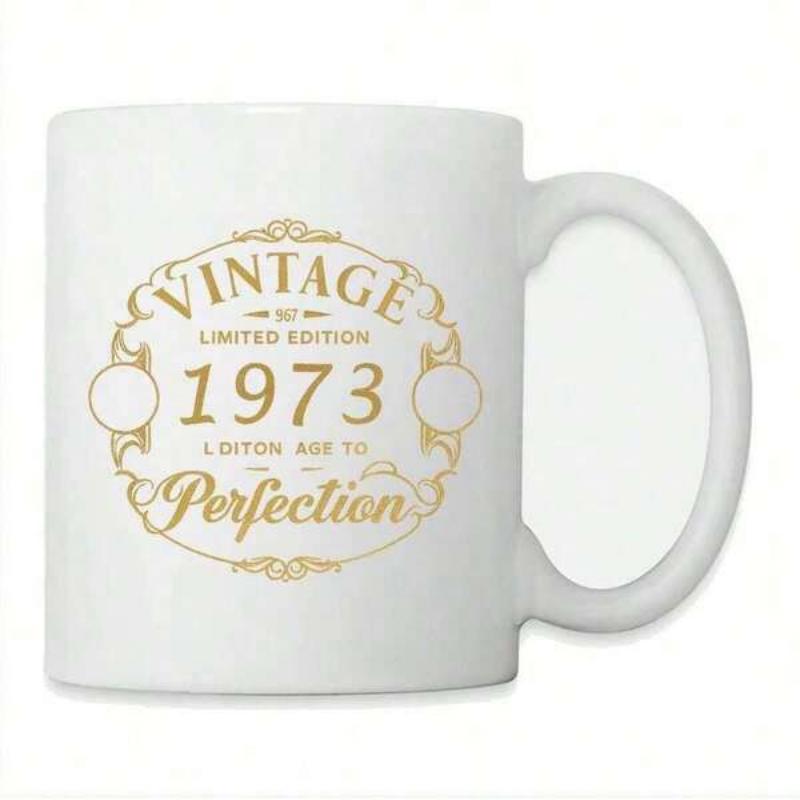 Tailorly White Ceramic 11 oz Mug - Vintage Limited Edition 1973 Edition Aged To Perfection Elegant Golden Circular Badge Featuring Intricate Filigree Border