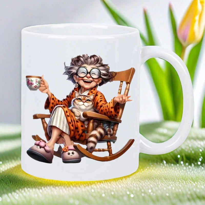 Tailorly White Ceramic 11 oz Mug - Cheerful Elderly Woman Resting On Wooden Rocking Chair Holding Delicate Tea Grandmother