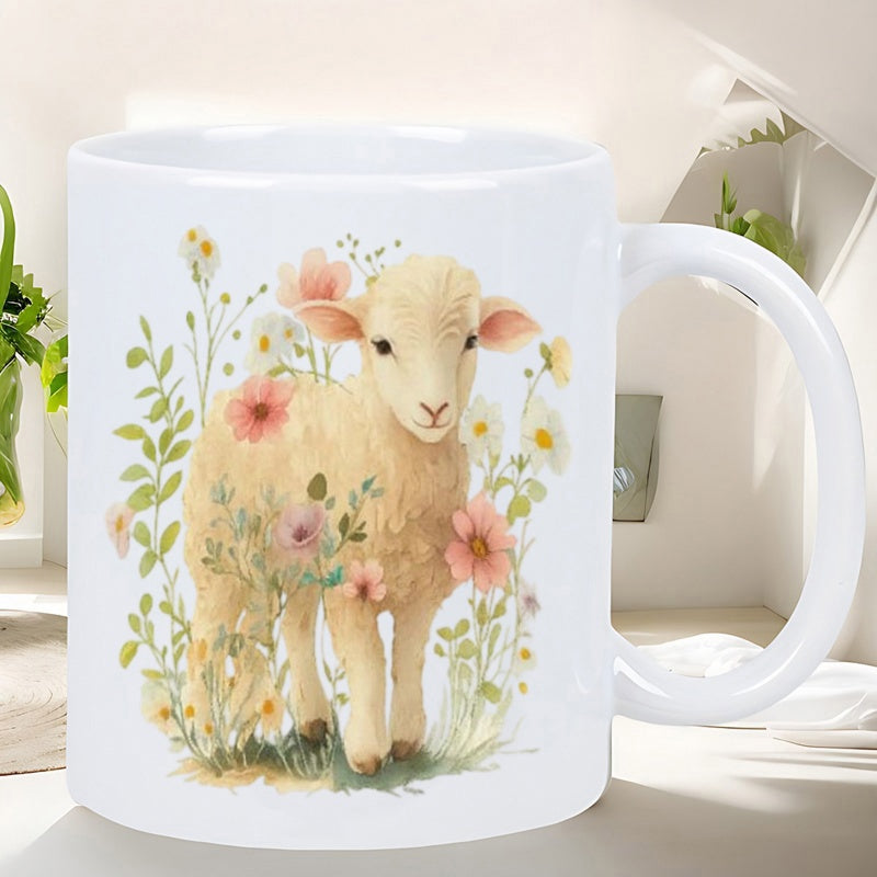 Tailorly White Ceramic 11 oz Mug - Adorable Watercolor Animal Standing Within A Field Of Blooming Spring Flowers Lamb