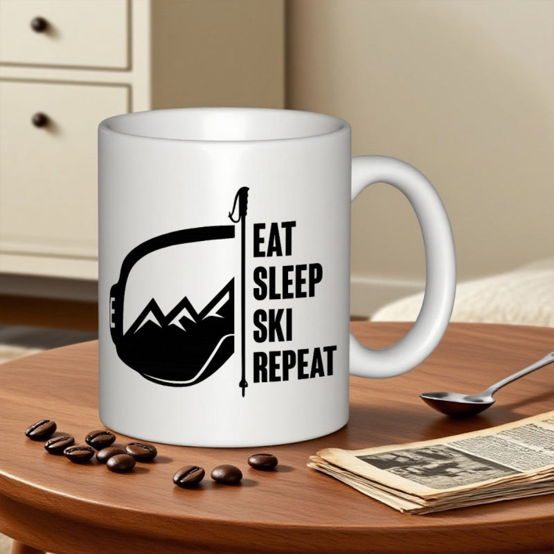 Tailorly White Ceramic 11 oz Mug - Eat Sleep Ski Repeat Minimalist Black Silhouette Featuring Mountain Peaks Reflected Inside Winter Sport Goggle