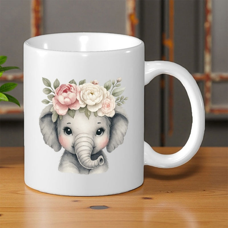 Tailorly White Ceramic 11 oz Mug - Charming Little Baby Creature Wearing Soft Pink Peony Flower Crown Elephant