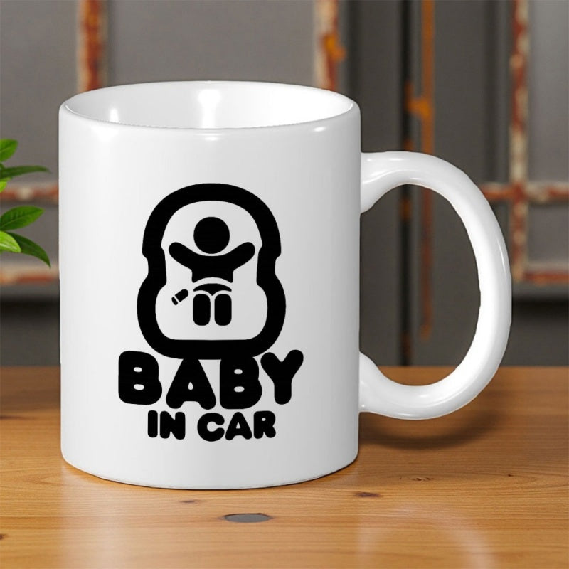 Tailorly White Ceramic 11 oz Mug - Baby In Car Bold Black Minimalist Icon Of A Child Within Protective Safety Car Seat Baby