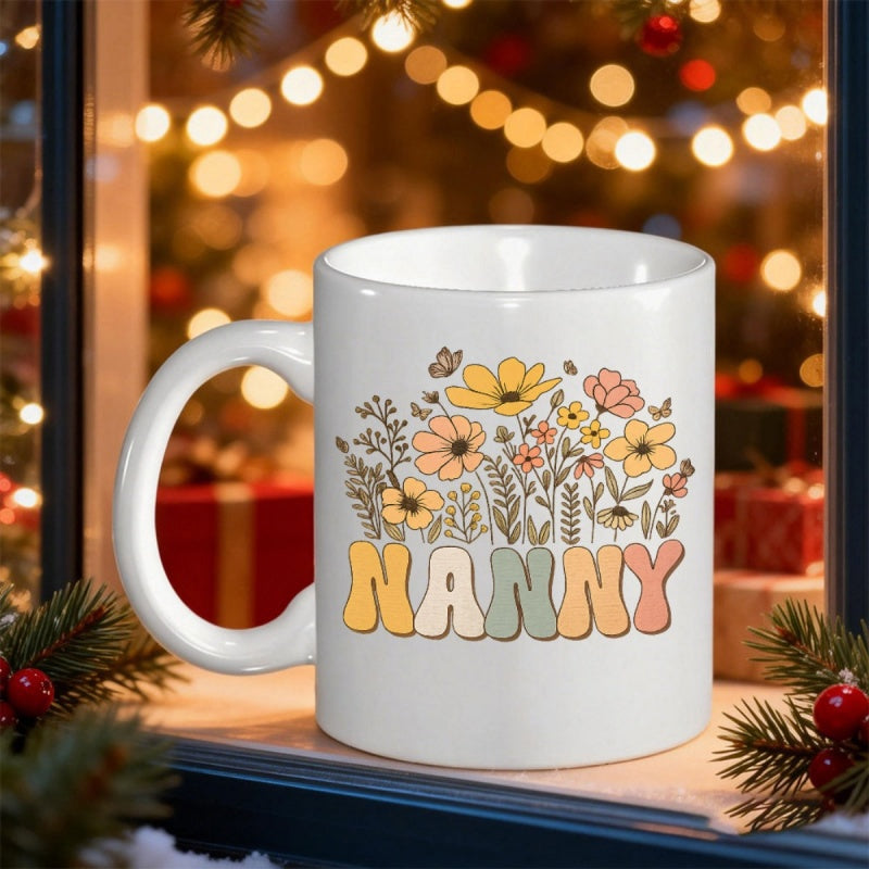 Tailorly White Ceramic 11 oz Mug - Nanny Retro Style Wildflowers And Delicate Butterflies Blooming In Soft Pastel Tones Flower