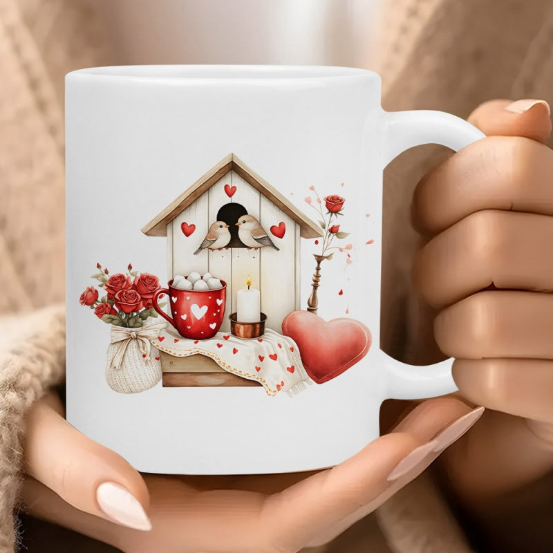 Tailorly White Ceramic 11 oz Mug - Cozy Birdhouse With Red Roses And Hearts Near Warm Cocoa Birdhouse