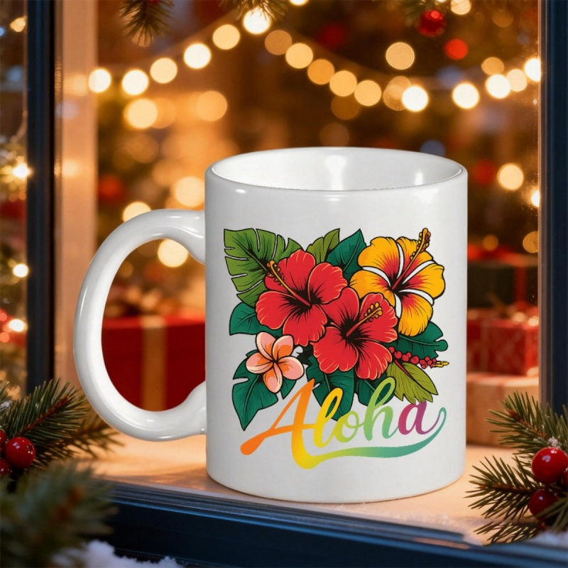 Tailorly White Ceramic 11 oz Mug - Aloha Vibrant Tropical Flowers Among Lush Green Jungle Leaves And Plumeria Hibiscus