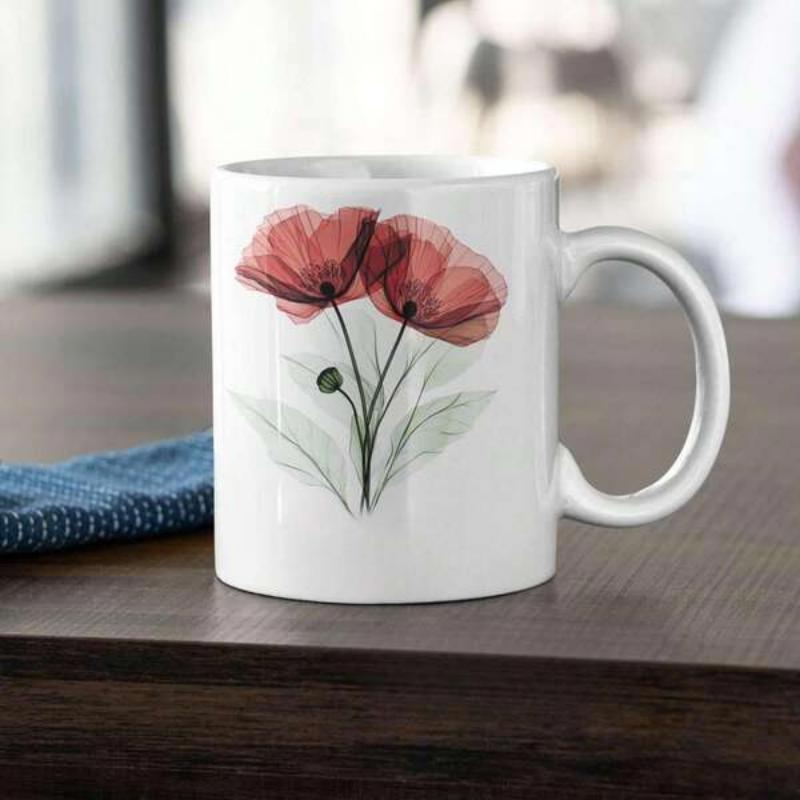 Tailorly White Ceramic 11 oz Mug - Elegant Translucent Red Poppies With Delicate Green Leaves And Artistic Stems Flower