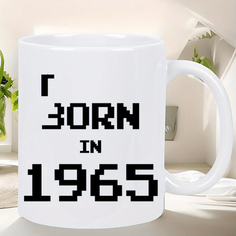 Tailorly White Ceramic 11 oz Mug - Born In 1965 Minimalist Pixelated Font Design With Bold Black Lettering Mug