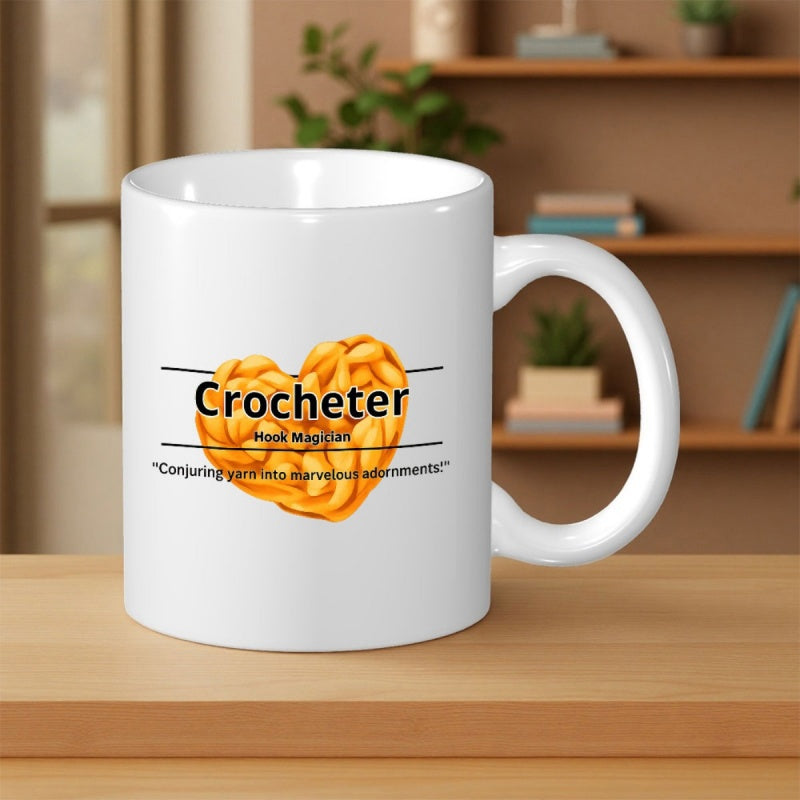 Tailorly White Ceramic 11 oz Mug - Crocheter Wool Magician Conjuring Yarn Into Marvelous Adornments Heart Shaped Golden Yellow Yarn Texture Floating Between