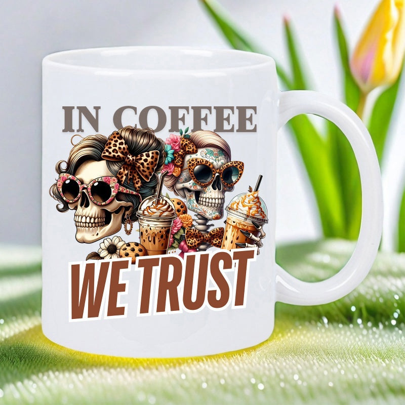 Tailorly White Ceramic 11 oz Mug - In Coffee We Trust Two Stylish Skeletons Wearing Leopard Print Bows Drinking Iced Coffee Drinks Skull