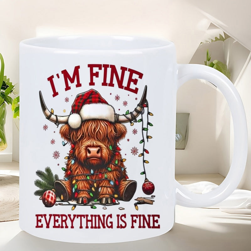 Tailorly White Ceramic 11 oz Mug - Im Fine Everything Is Fine Highland Cow Wearing Santa Hat Wrapped In Colorful Christmas Lights Cow