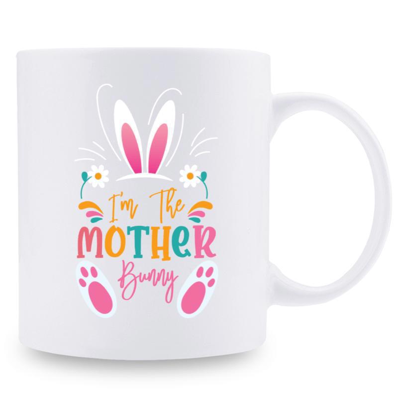 Tailorly White Ceramic 11 oz Mug - Im The Mother Bunny Adorned With Spring Flowers And Playful Pink Rabbit Paws Bunny