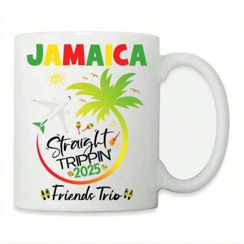 Tailorly White Ceramic 11 oz Mug - Jamaica Straight Trippin 2025 Friends Trio Tropical Vacation Scene Featuring Lush Green Palm Tree Under Golden Glowing Sun