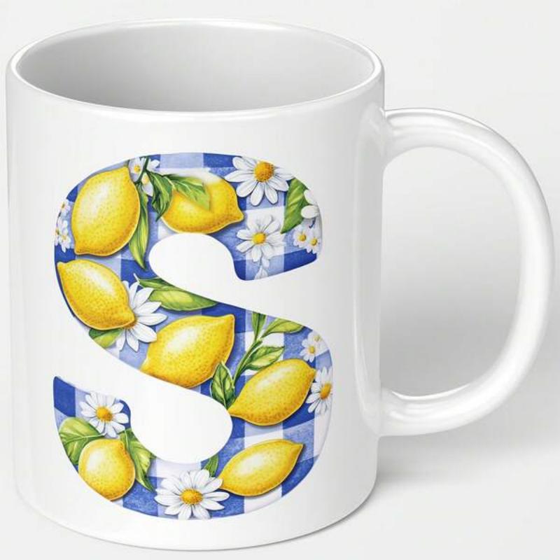 Tailorly White Ceramic 11 oz Mug - S Vibrant Yellow Lemons And White Daisies Over Blue Gingham Checkered Pattern Letter