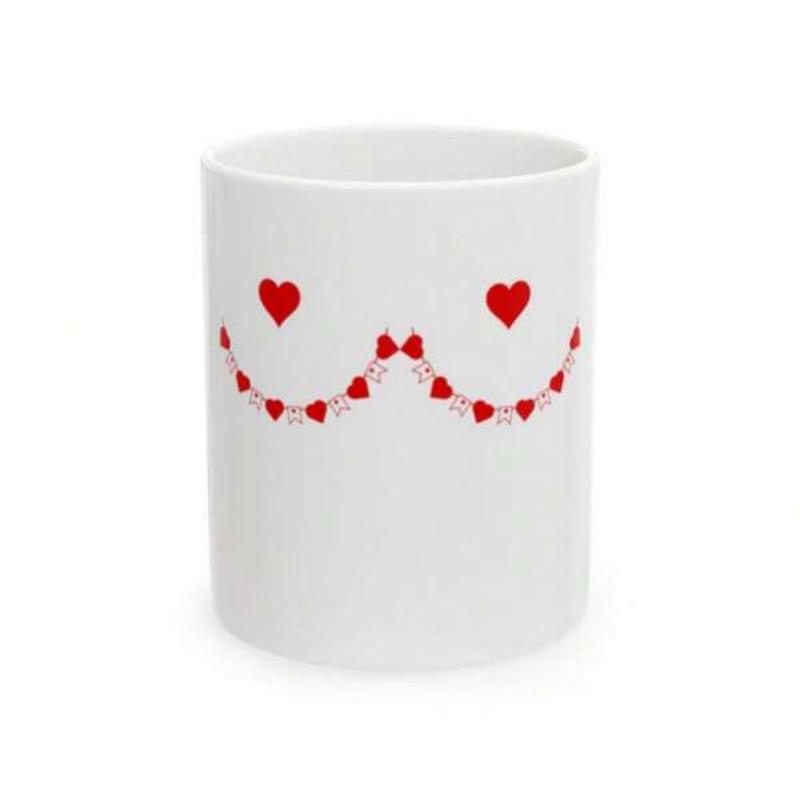 Tailorly White Ceramic 11 oz Mug - Symmetric Red Hearts Arranged Into A Playful Bra Outline Design Hearts